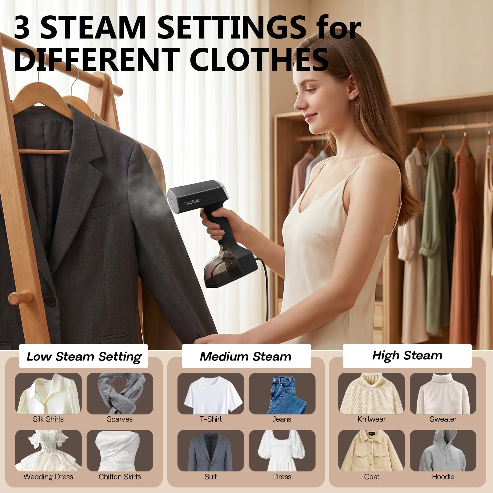 Cadrim Steamer - Piastra a vapore, 1800 W, potente 2 in 1, ferro da stiro a vapore portatile da 350 ml, potenza vapore 45 g/min, 3 livelli di vapore, vaporizzatore da viaggio per casa, ufficio (nero)