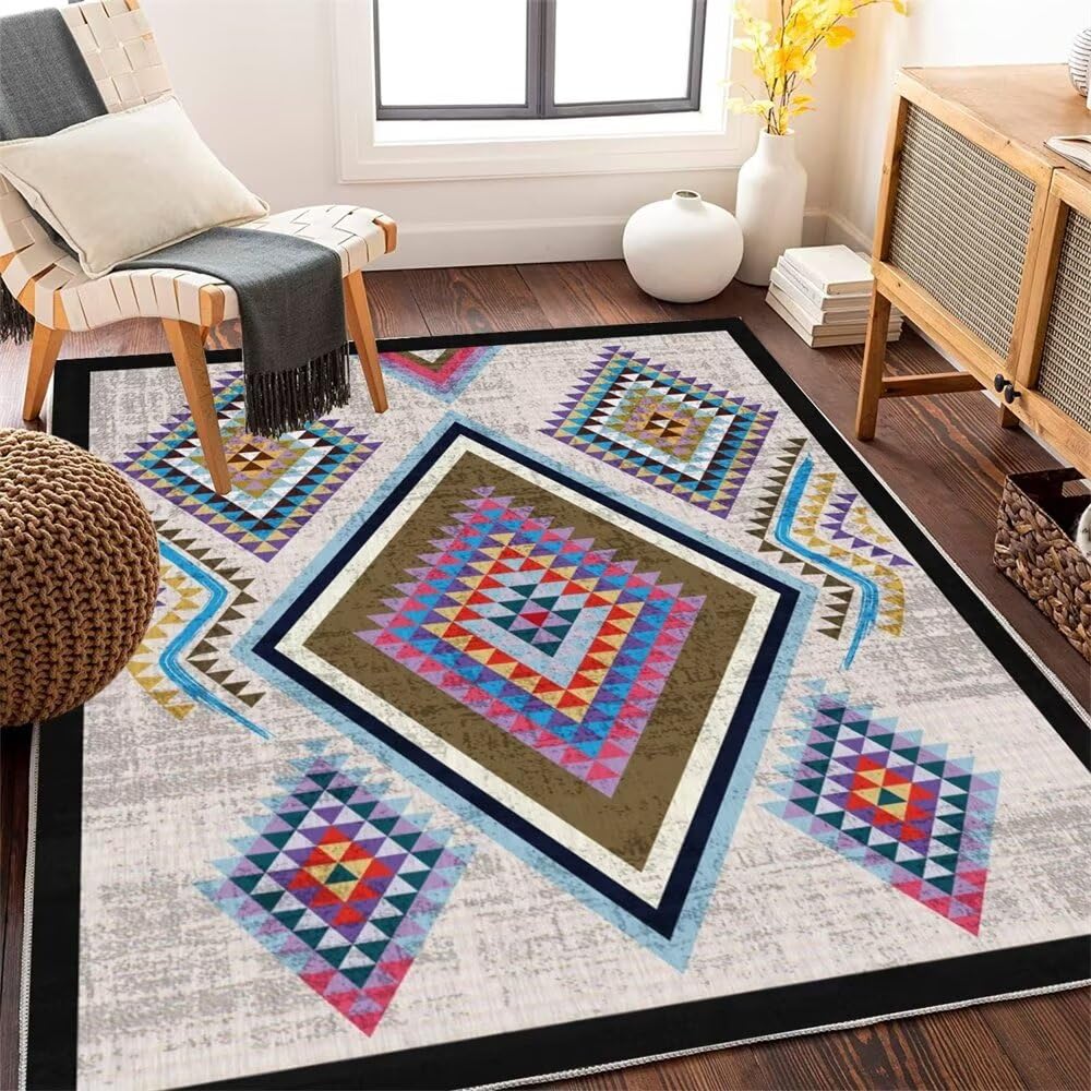 Tapis chambre doux 200x300cm gris et bleu à motif géométrique pour ado