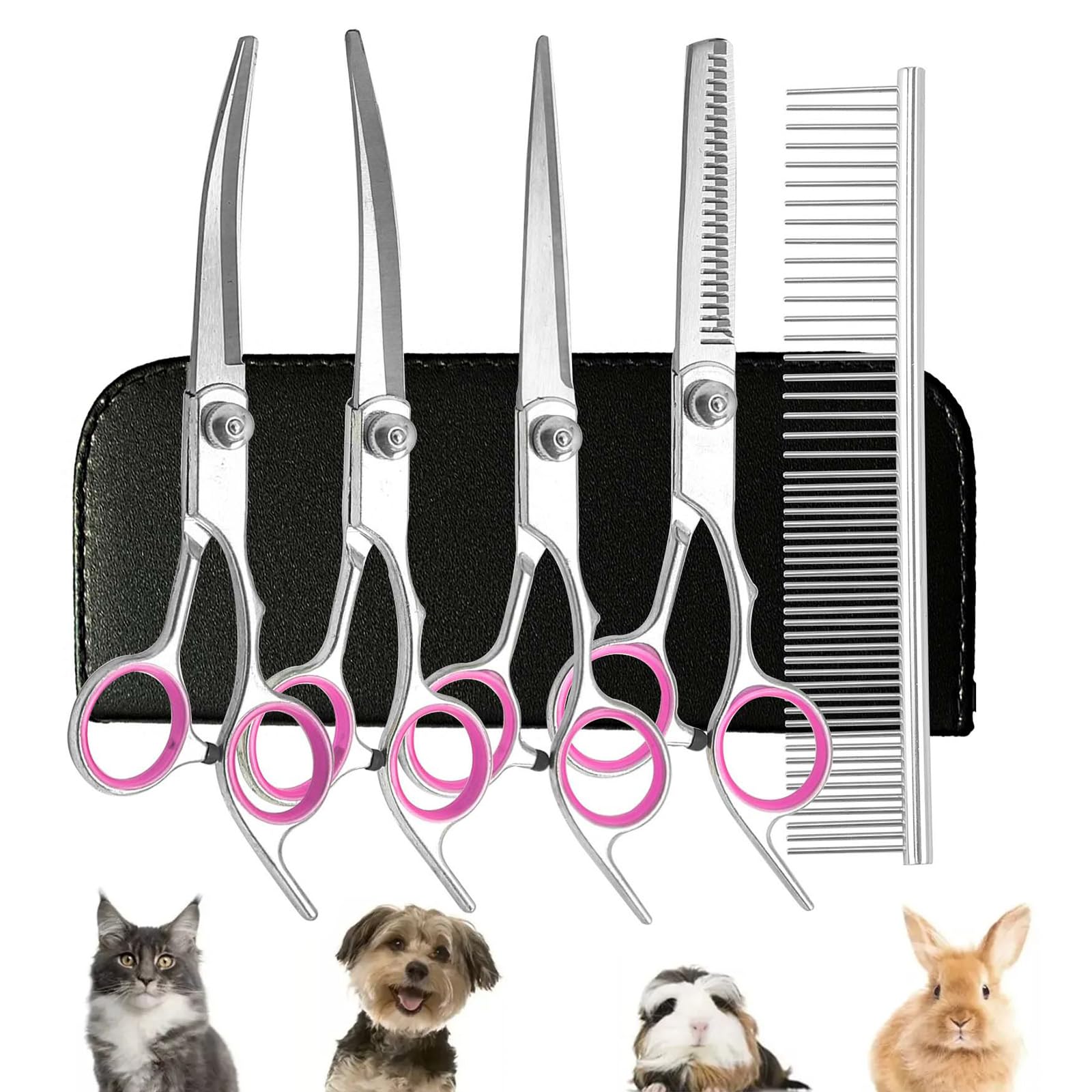 Professional Dog Grooming Kit, Stainless Steel 5-Piece Set including Safety Round Tips, Straight and Curved Shears