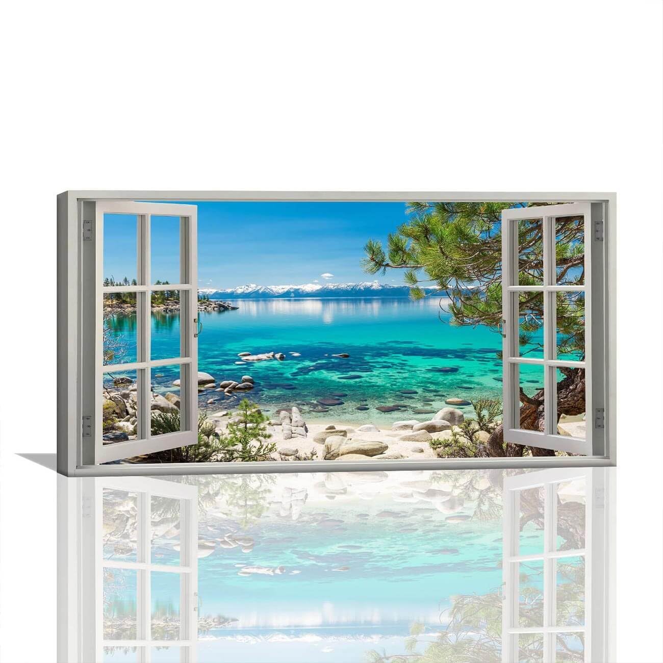 Large Lake Tahoe Wall Art Lake Picture Canvas Wall Art Living Room Pictures Wall Decor Nature Wall Art Landscape Picture Fake Window Landscape Home Decoration Canvas Art Wall Decor Stretched 24x48inch