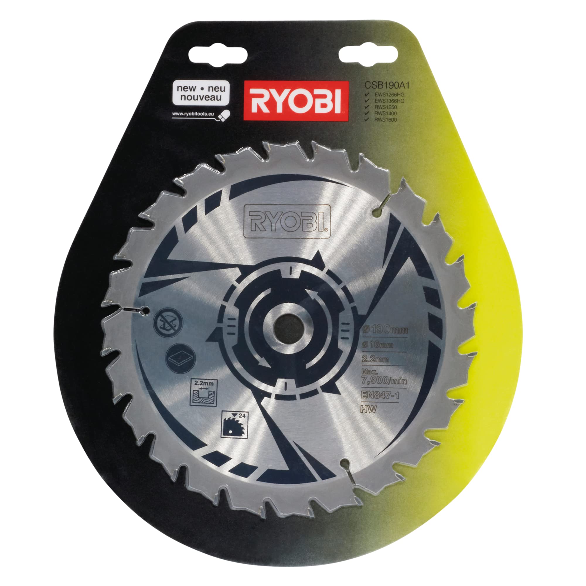 RYOBI - Lame Scie Circulaire 190mm - CSB190A1-24 Dents, Coupe Rapide Bois, Alésage 16mm, Lame Carbure