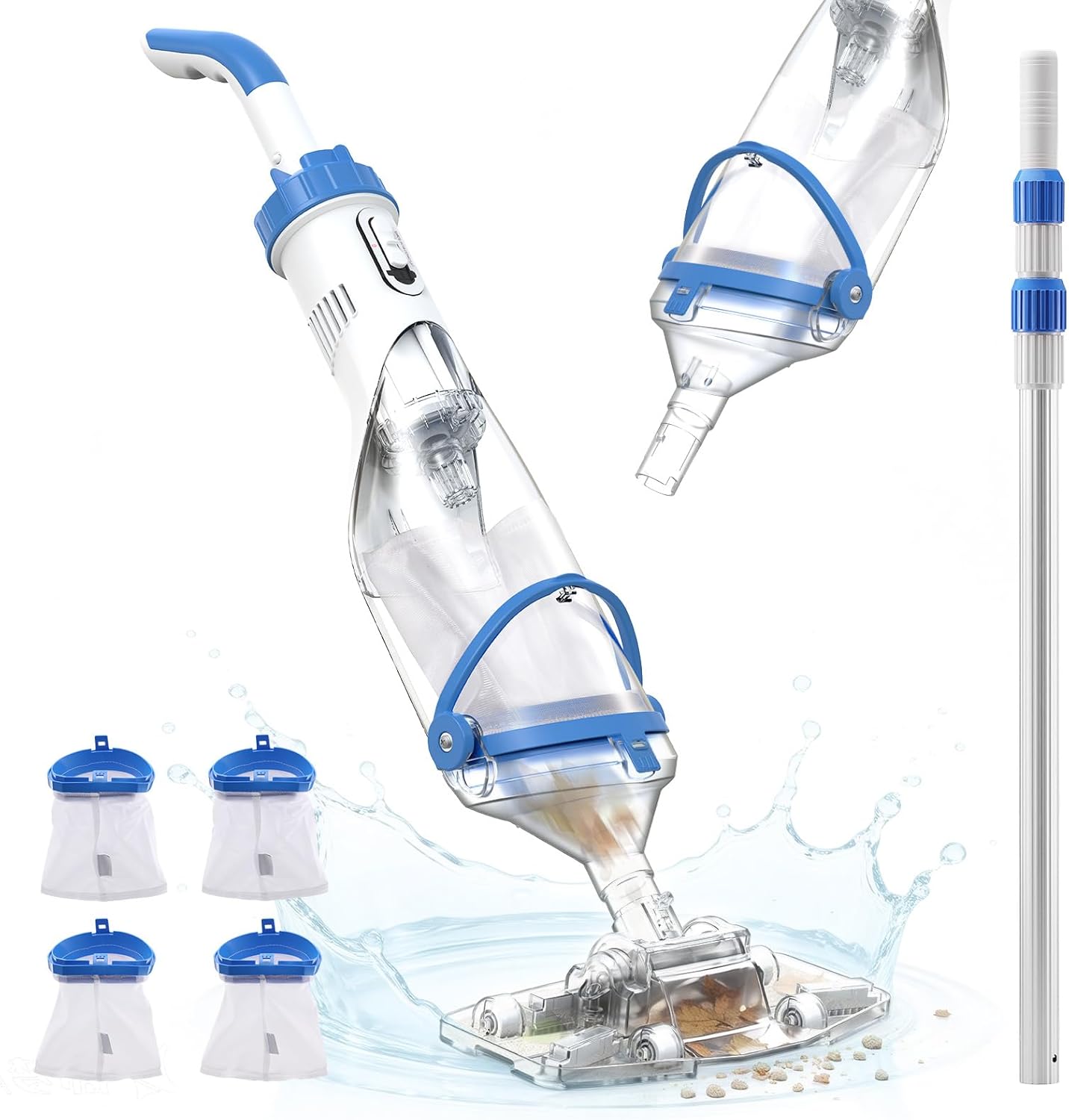 Handheld Pool Vacuum for Above Ground & Inground Pools, Consciot Cordless Rechargeable Pool Cleaner with Telescopic Pole up to 87.5", 1110 GPH Suction, 60Min Runtime, See-Through Head & 4 Filter Bags