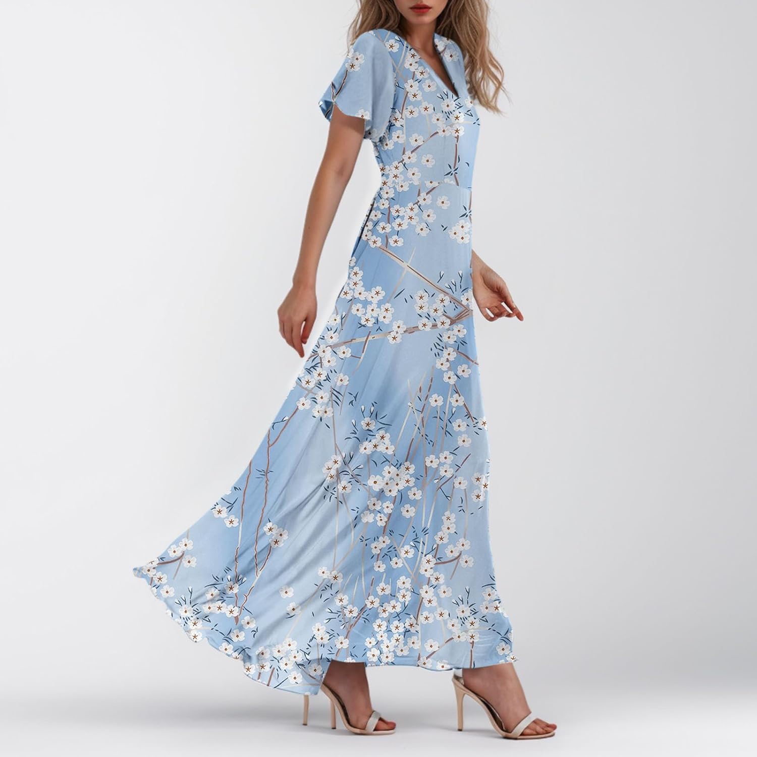 BAXLIMEK Beach Dresses for Women,2025 Spring Summer Elegant Trendy Floral Print Boho Dress,Casual Loose V Neck Short Sleeve Chiffon Maxi Dress,Flowy Ruched Vacation Dress Cruise Outfits(C-Sky Blue,S)