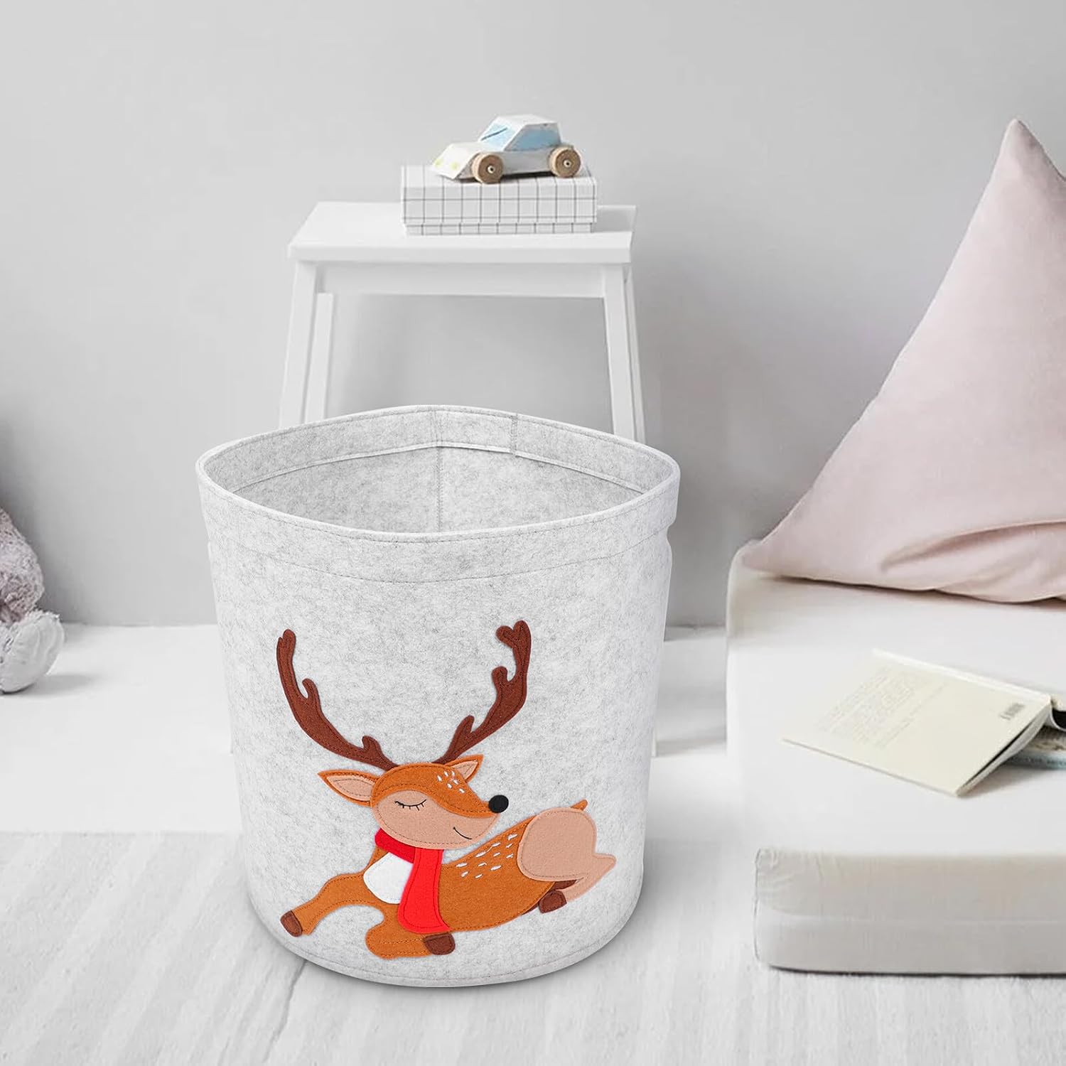 FAVOMOTO Christmas Cartoon Storage Basket Thickened Felt Embroidered Deer Laundry Hamper 35x32cm Gray Multi-purpose Organizer for Bedroom Nursery