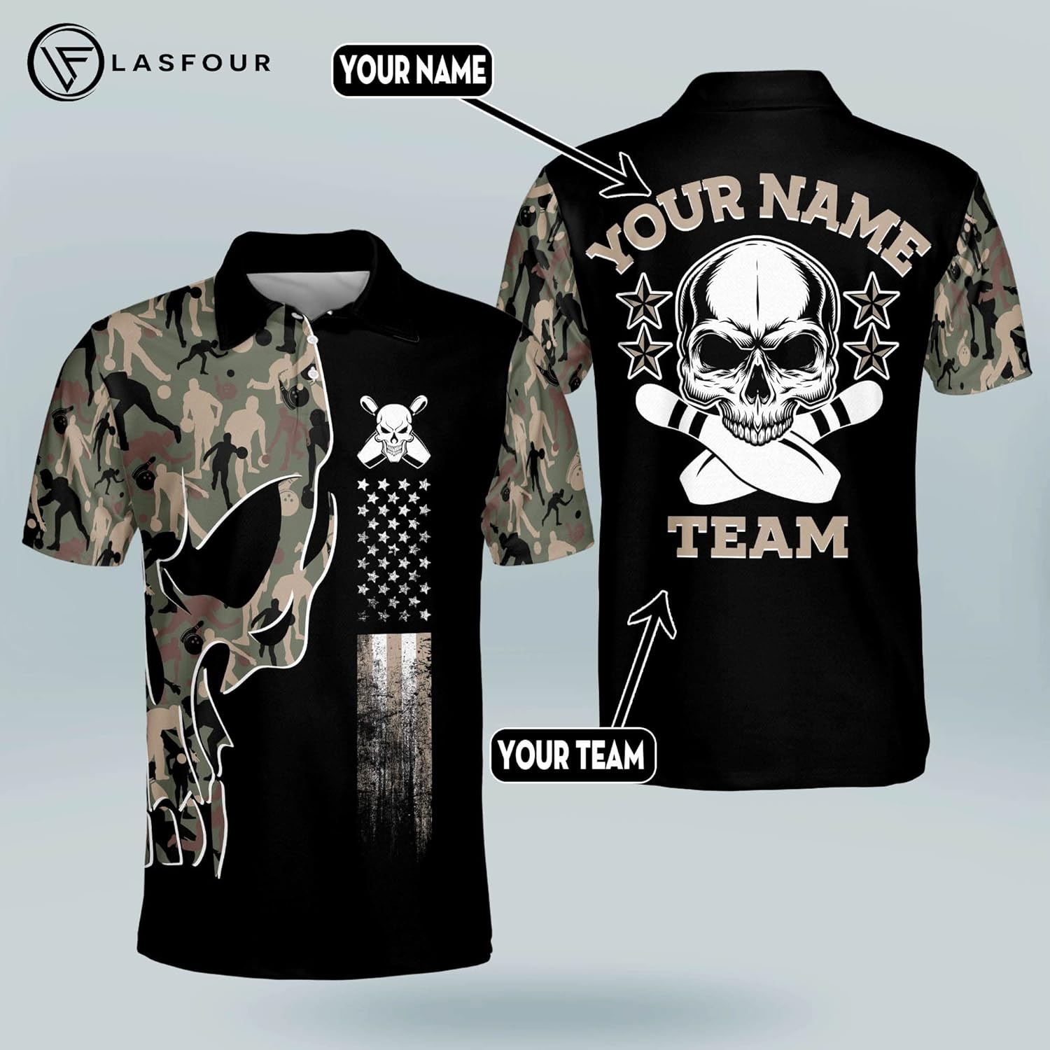LASFOUR Custom Skull Bowling Shirts with Name, USA Camouflage Bowling Jerseys for Men Short Sleeve, Mens Bowling Team Shirts