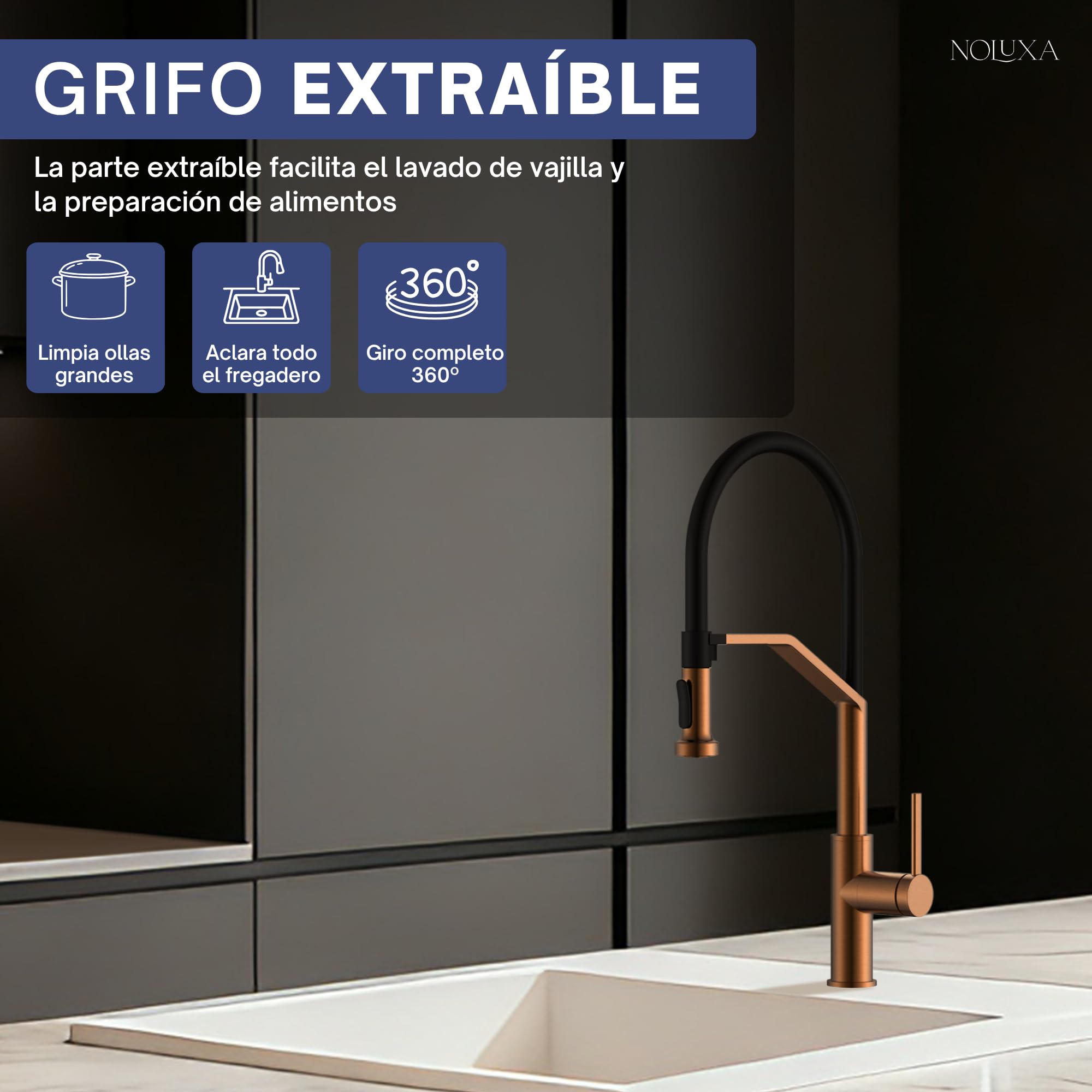 IMEX - Grifo Cocina Extraíble Oro Rosa | Grifo Monomando Fregadero con Doble Difusor | Griferia Cocina con Ducha Flexible 360º | Grifería en Latón | Serie Véneto | Color Oro Rosa Cepillado