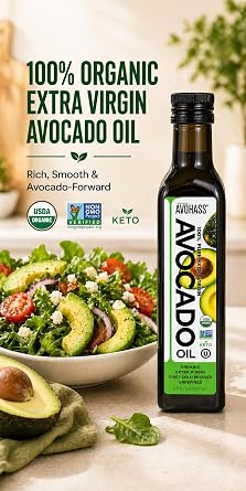 Avohass Organic Extra Virgin Avocado Oil, 8.5 oz, Cold Pressed, Unrefined | USDA certified; everyday cooking and finishing to 400F; buttery flavor; Non-GMO, Kosher; single dark glass bottle