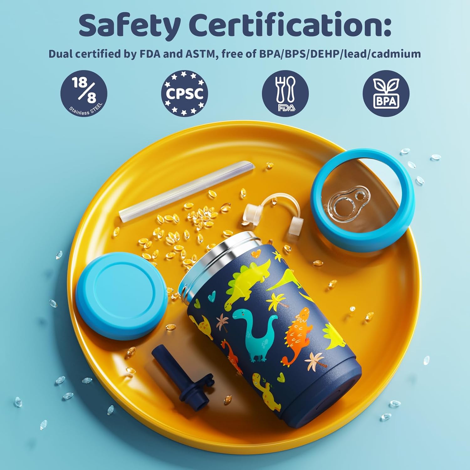 Sursip Toddler Kids Insulated Tumbler with Straw and Lid, 12 oz Vacuum Stainless Steel Sippy Cup Spill Proof with Transparent Visible Lid, BPA Free & Dishwasher Safe - Dinosaur&Unicorn - Image 2