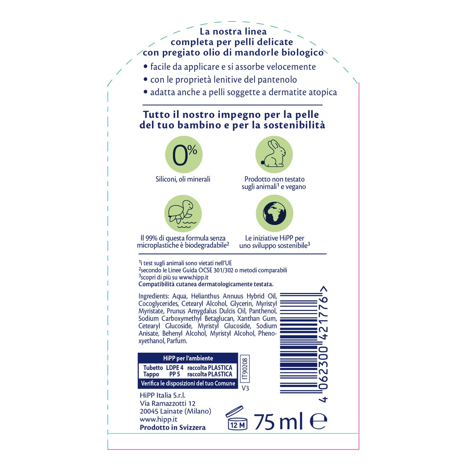 HiPP Crema Idratante Viso e Corpo Bambini Neonati Pelli Sensibili Olio di Mandorle Bio 75 ml