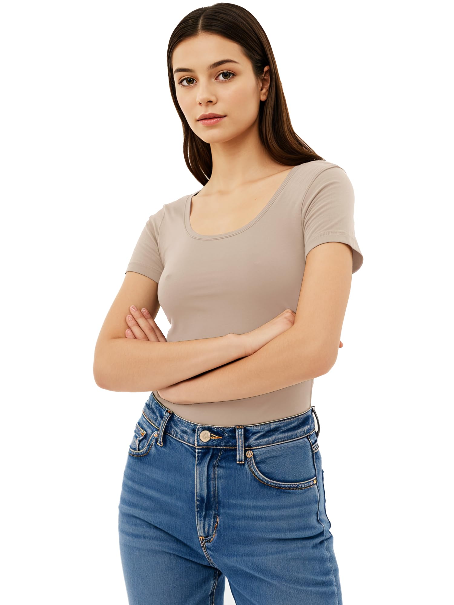 Emmalise Scoop Neck Short Sleeve Tee for Women Basic Tshirt - Junior to Plus Sizes ... - Beige - XX-Large
