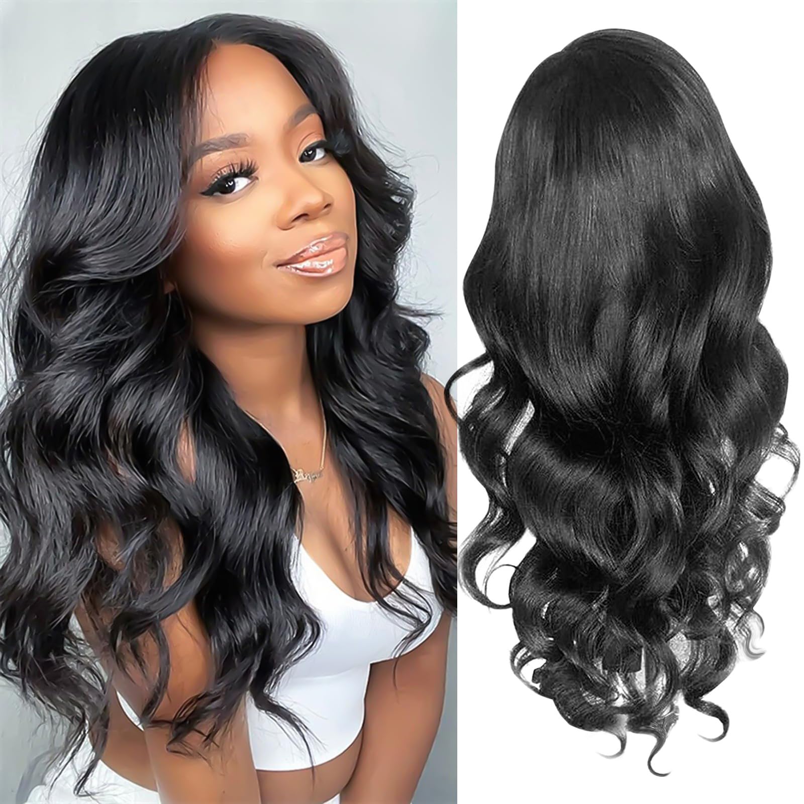DKDDSSS Long Black Wavy Wig for Women - Synthetic Hair Brunette with Bangs for Daily Party Cosplay 26 Inches