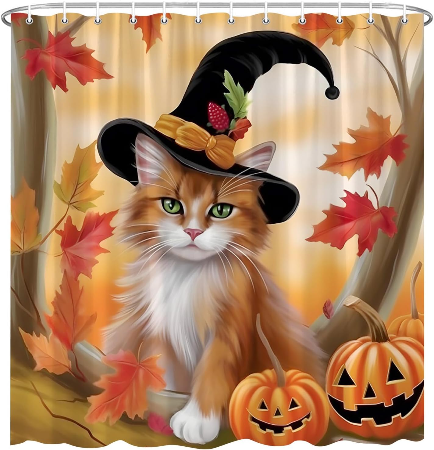 Fall Cat Shower Curtain Cute Kitten with Black Witch Hat Pumpkin Maple Tree Fallen Leaf Forest Thanksgiving Halloween Theme Funny Animal Polyester Fabric Bathroom Decor 70×96 Inch with Hook
