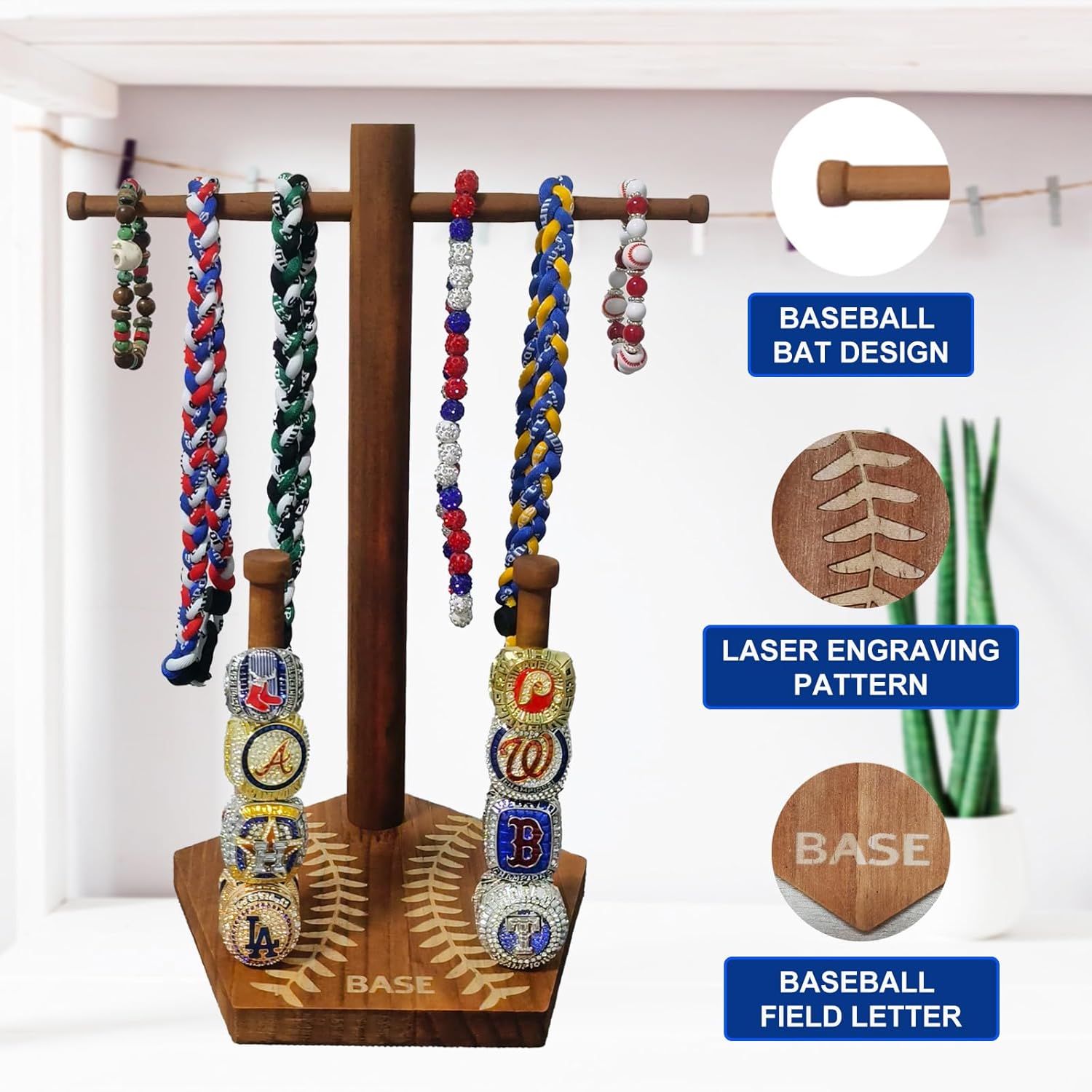 Wooden Baseball Drip Necklace Display Holder, Championship Rings Display Organizer (for ring size 9 or larger), Bonus 50Pcs Baseball Stickers, Greeting Card and Gift Box - Image 3