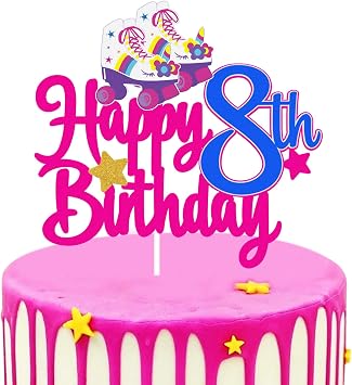 8th Birthday Roller Skate Happy Birthday Cake Topper - Colorful 80s 90s Rolling Retro Hip Hop Theme Party Cake Decoration Supplies for Girls Kids