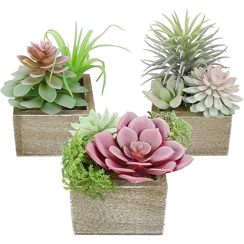 Succulent Plants Artificial, 3 Pack Small Fake Plants in Wood Pot for Home Decor, Farmhouse Artificial Plants Indoor for Living Room Bathroom Bedroom Office Kitchen Desk Wedding Coffee Table Decor