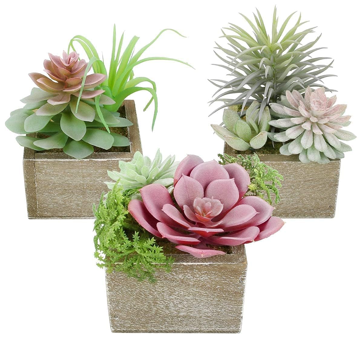 Succulent Plants Artificial, 3 Pack Small Fake Plants in Wood Pot for Home Decor, Farmhouse Artificial Plants Indoor for Living Room Bathroom Bedroom Office Kitchen Desk Wedding Coffee Table Decor