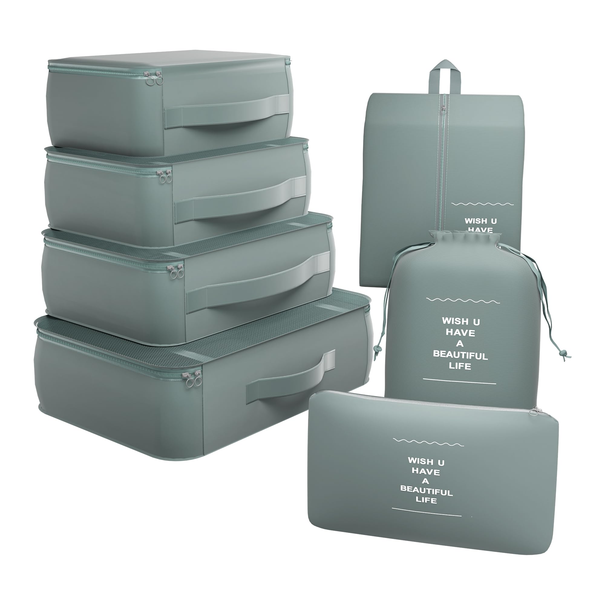 7 Pcs Set Foldable Travel Pouches for Women & Men with Zip | Multi-Size Vanity Organiser Bags for Travel | Packing Cube Ideal for Clothes, Shoes & Toiletries | YJ-36-GRY | Gray-image-36