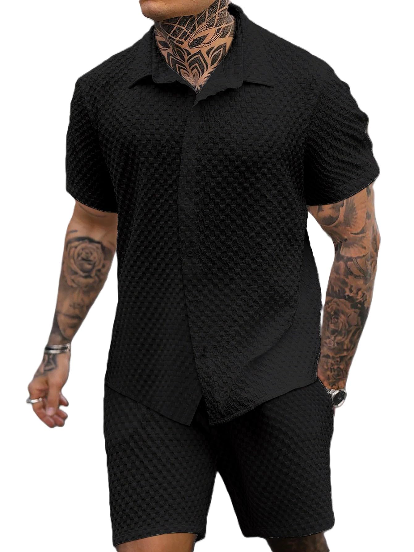 zilcon Men's 2 Piece Outfit Casual Short Sleeve Button Down Shirt Beach Summer Loose Pant Sets-picture-54