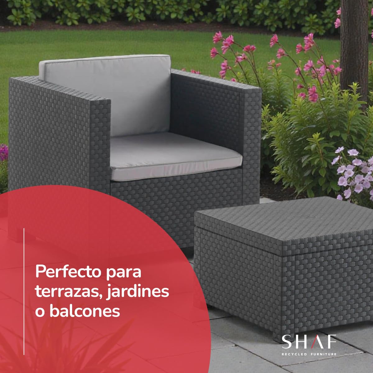 SP Berner - Set de Muebles de Jardín y Terraza Diva Tete a Tete Color Wengue - 2 Sillones y Mesa de Centro con Almacenaje - Fabricado en España con Plástico Reciclado