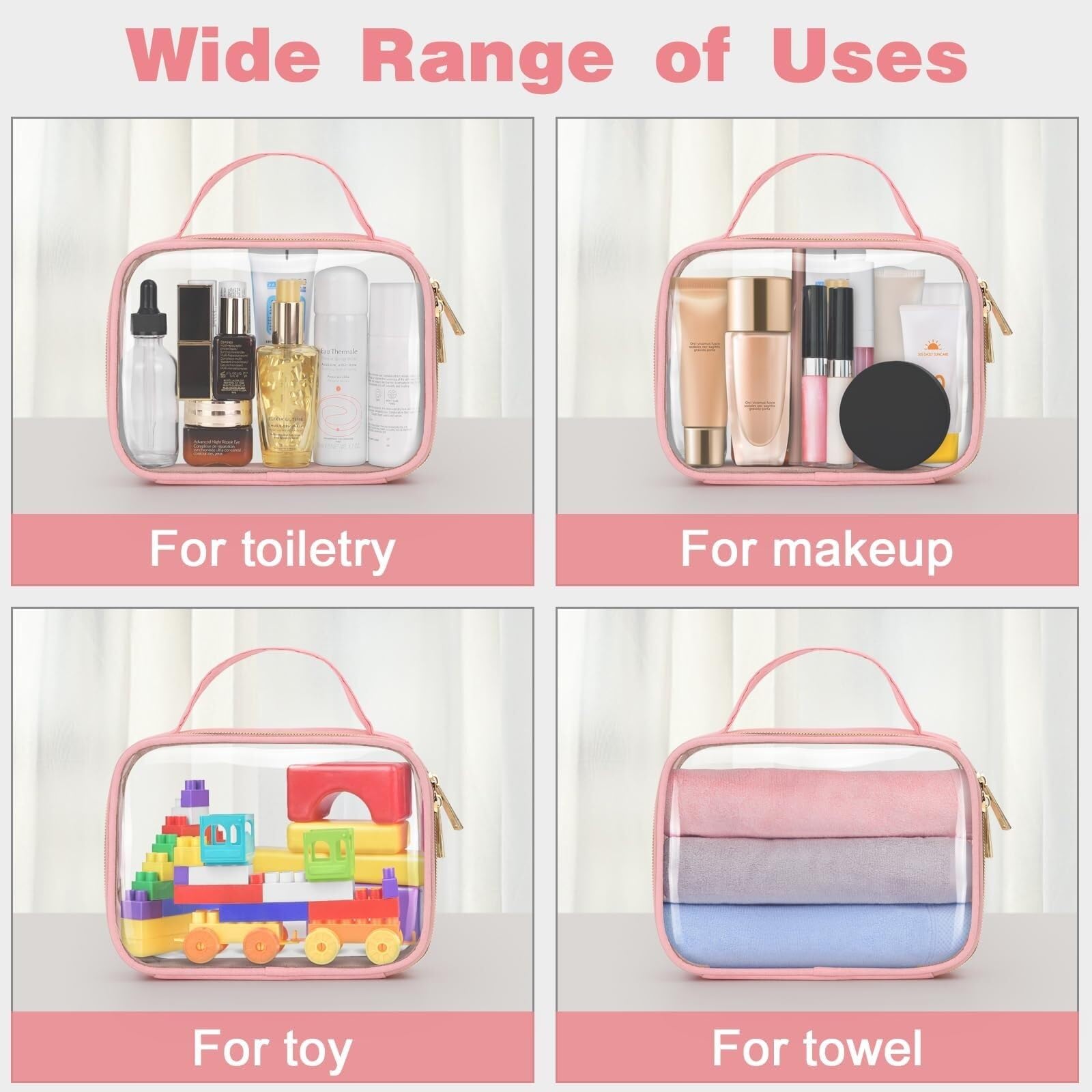 Porta Trucchi Pochette Trucchi Borsa Da Toilette Borsa Cosmetica Trasparente Con Manico Borsa Da Toilette Trasparente Trousse Trucchi Donna(Pink,20cm-2)