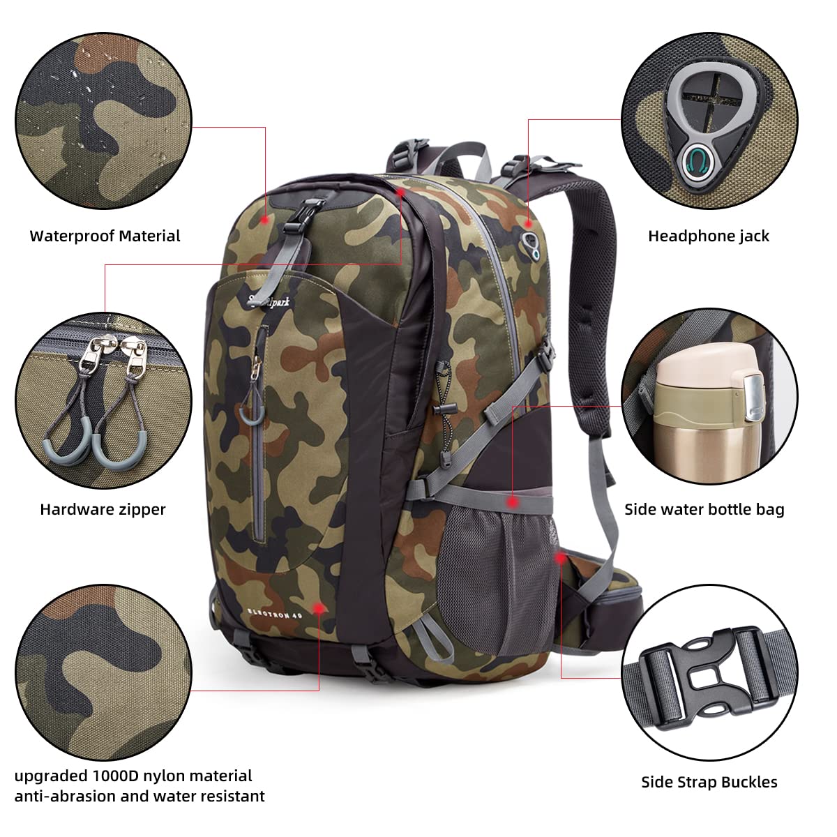 SPEEDPARK Mochila de senderismo de 40 litros, impermeable, con cubierta de lluvia, trekking, mochilas de viaje para hombres y mujeres, Camo, 40L, senderismo al aire libre, Camo, 40, Senderismo al aire