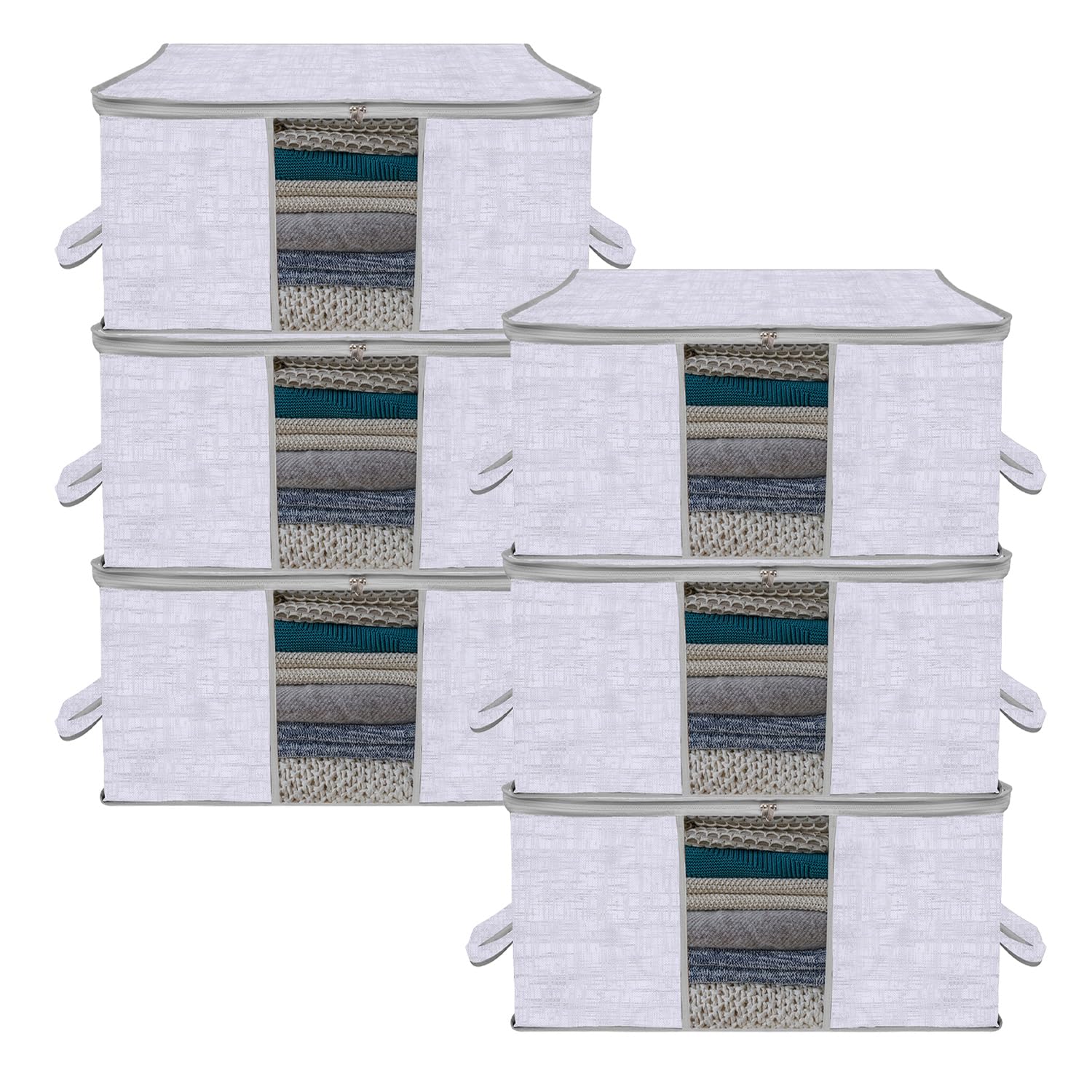 Kuber Industries Unterbett-Aufbewahrungstasche, Kleideraufbewahrung, Organizer, durchsichtiges Fenster, Decken-Abdeckung, Stoff-Organizer mit Griff, Jute-Druck-Design, groß, 6 Stück, Grau