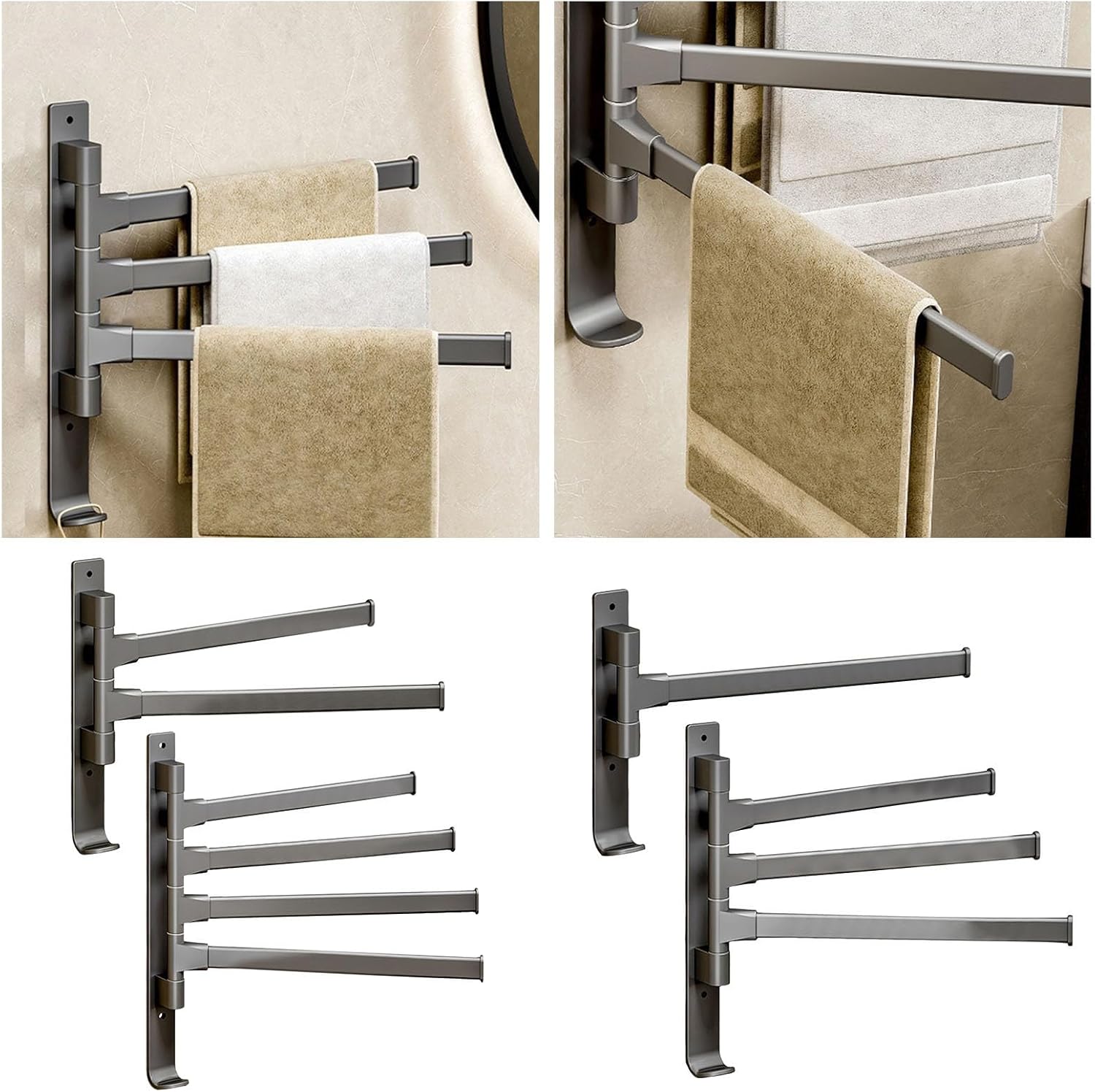 Thicken 4 Arm Command Towel Bar, Towel Racks for Bathroom Freestanding, Wall Mounted Bathroom Towel Bar, Stainless Steel 180° Swivel Towel Hanger with Hook for Bathroom, Kitchen (Grey 3 Arm)