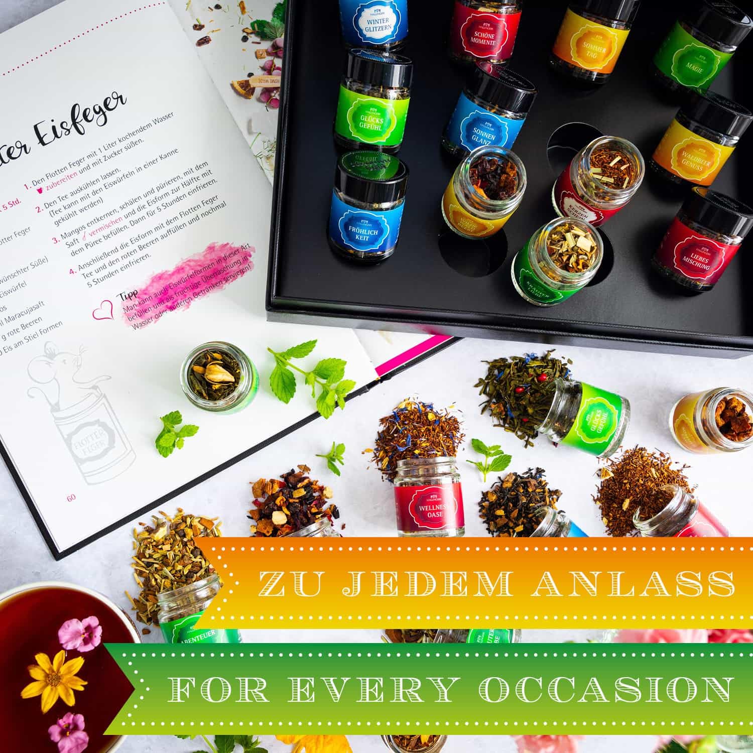 Hallingers Genuss Manufaktur Tee Geschenk-Set - 12 Sorten premium loser Tee Probierset in edler Geschenkbox mit Rezept-Booklet "Klassisches Tee...", Geschenkidee für Frauen Männer