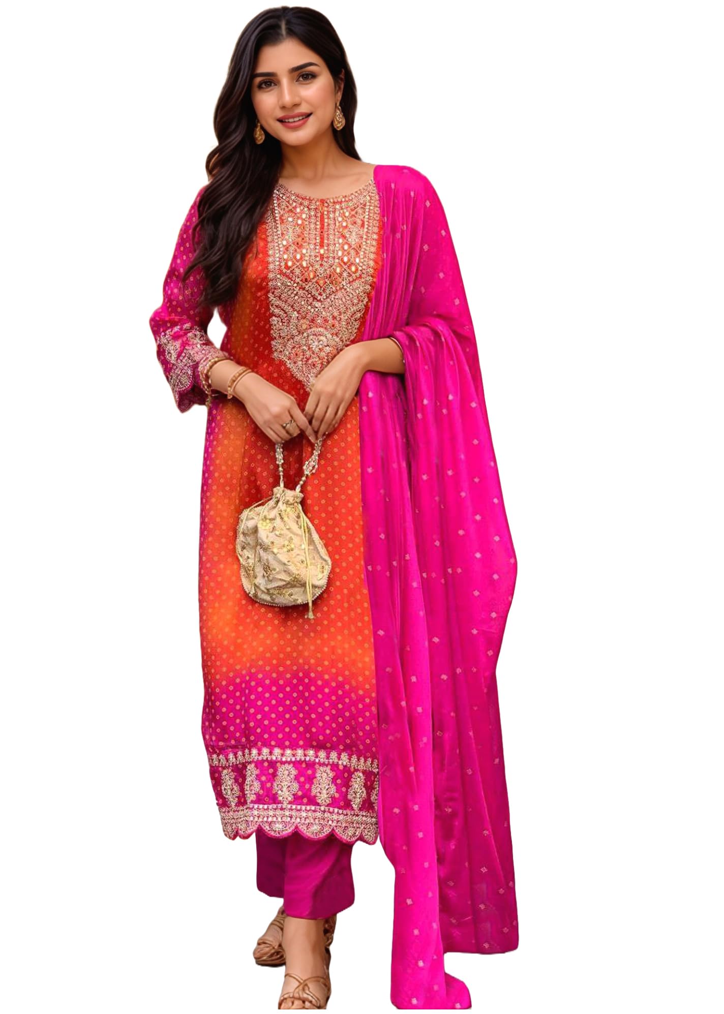 gosriki Women's Rayon Viscose Straight Bandhani Embroidered Kurta with Pant & Dupatta-picture-41