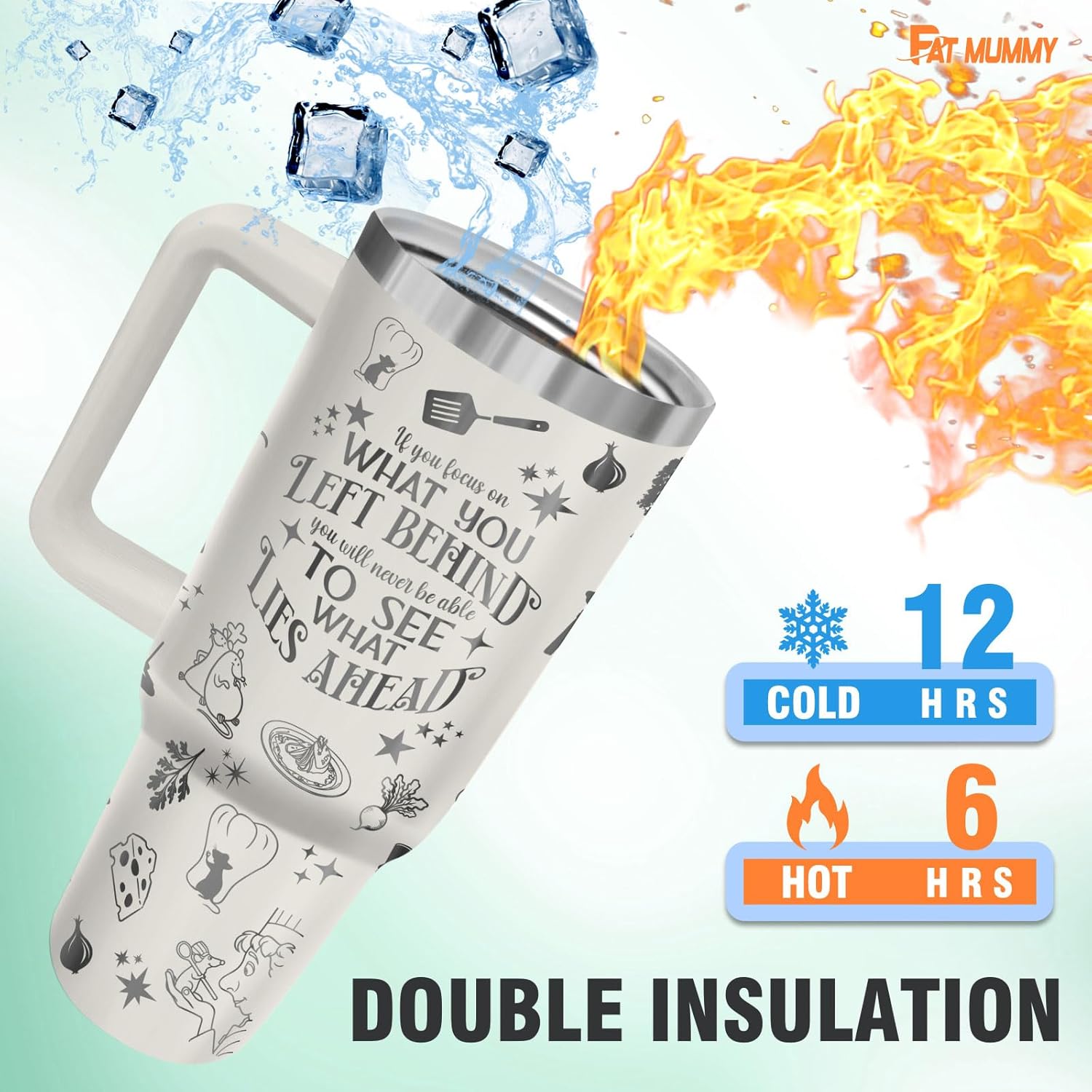 Chef Mouse Inspired 40oz Tumbler with Handle and Straw – Laser Engraved Stainless Steel Cup, Cooking Movie Fan Gift, Coffee & Iced Drink Mug, Large Insulated Travel Tumbler