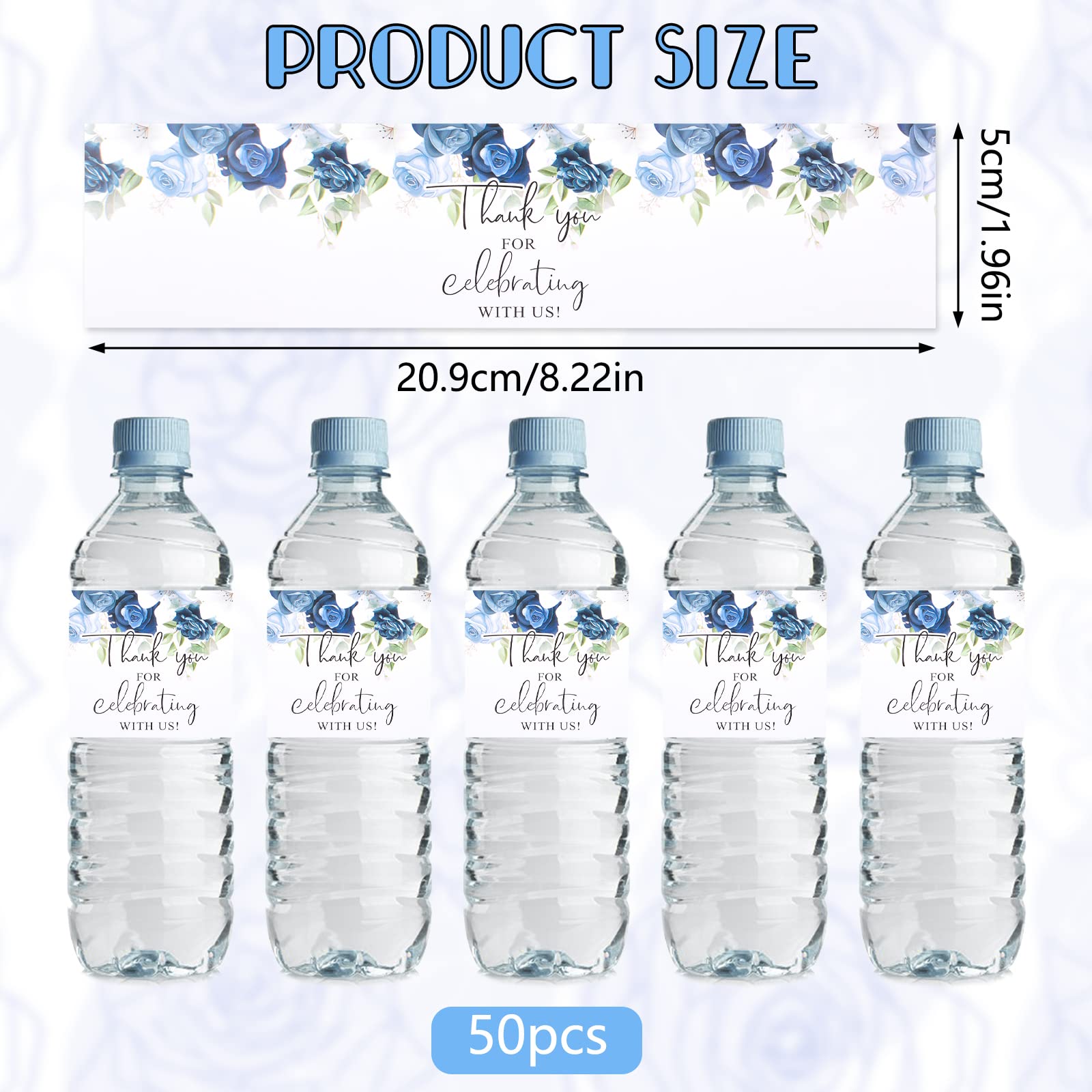 URROMA Wedding Water Bottle Labels, 50 Pcs Thank You White and Blue Rose Water Bottle Wraps Stickers for Birthday Baby Shower