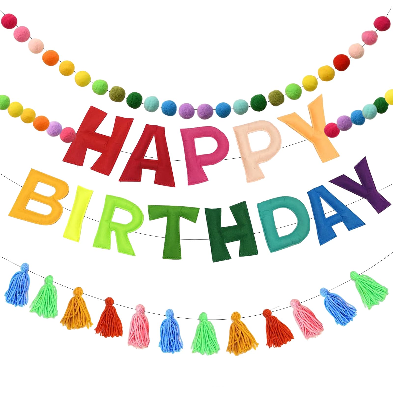 Pre-Strung Happy Birthday Banner Felt Ball Garland Reusable Happy Birthday Garland Pom Pom Party Decor Colorful Thread Tassel Rainbow Party