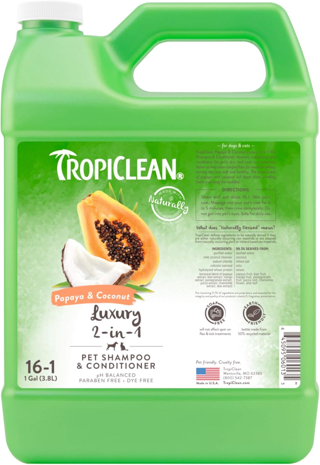 Tropiclean Dog Shampoo : TropiClean Papaya & Coconut Luxury 2-in-1 Shampoo and Conditioner for Pets, 1 gal - Made in USA
