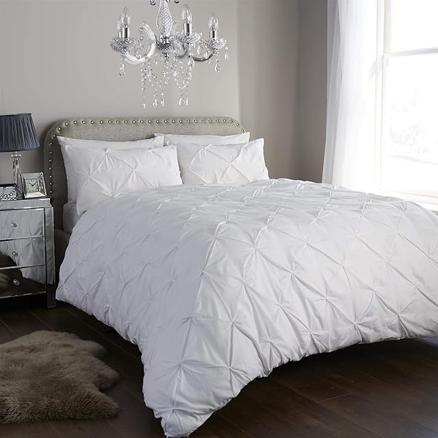 Olivia Rocco Pintuck Duvet Cover Set Pinch Pleat Design includes Pillowcases Easy Care Soft Cotton Rich Quilt Bedding Bed Covers, Single White
