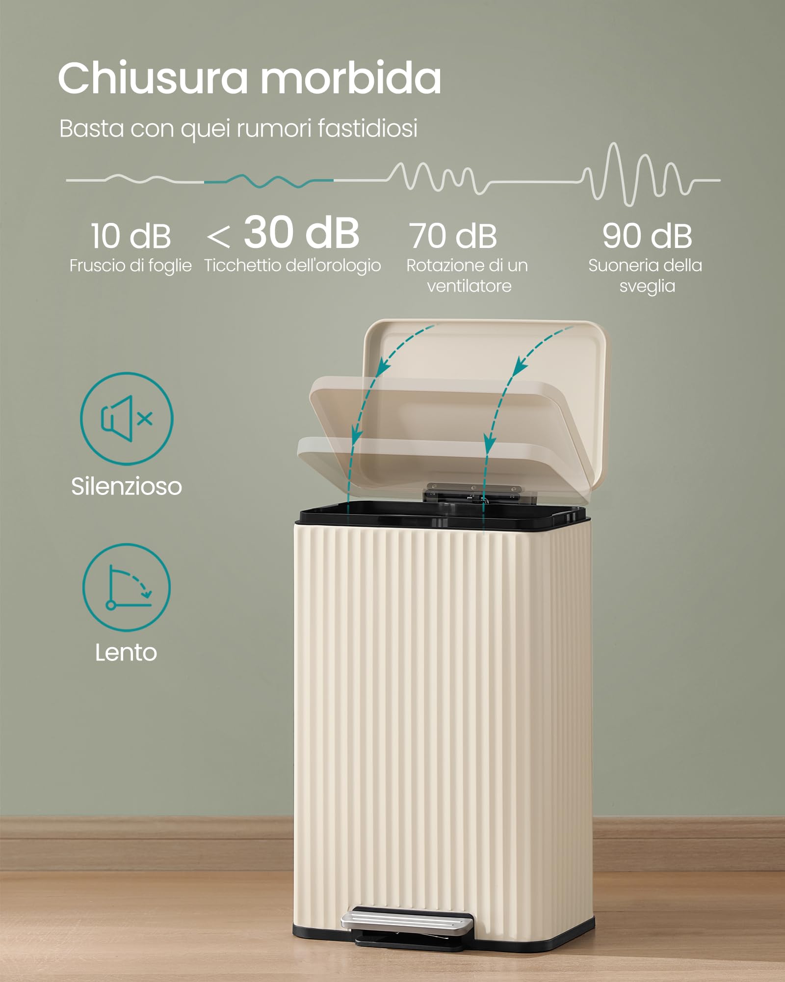 SONGMICS Pattumiera da cucina, 50 l, con pedale, coperchio a chiusura silenziosa e secchio interno rimovibile, in acciaio, 15 sacchi della spazzatura (codice K) inclusi, bianco crema LTB586LZ02