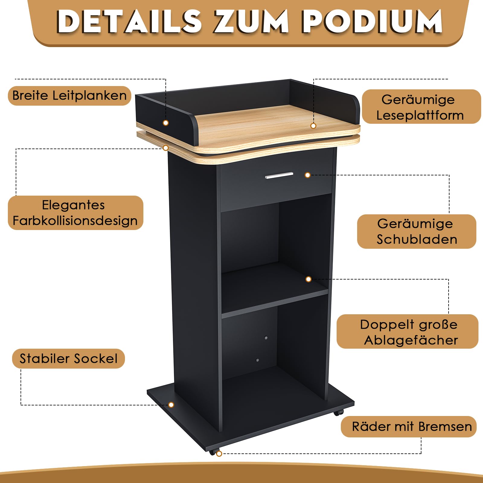 Holz-Podium, Holzpodium mit Ausziehbarer Schublade & Rädern, Premium hohes Massivholz Kanzel Rednerpult mit Doppellagiges Ablagefach, Rednerpult for Kirche, Vortrag, Schul, Seminar (110x46x 60cm)