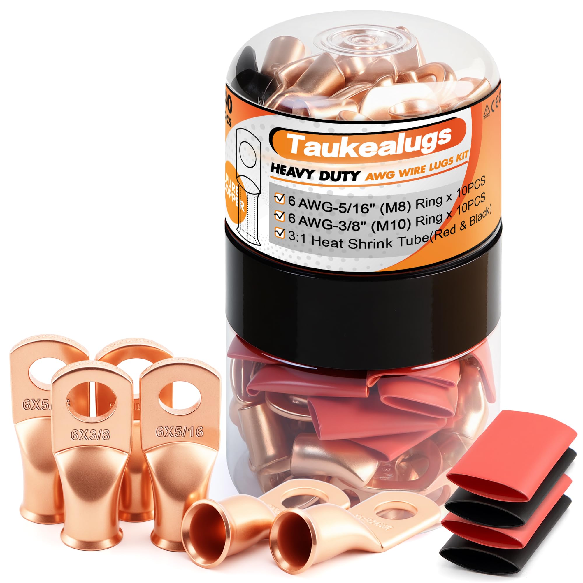 - 20PCS 6 AWG 5/16 3/8 inch Battery Cable Lugs,6 Gauge Copper Crimp Connector Ring Terminal Wire Ends with 20pcs 3:1 Adhesive Heat Shrink Tubing in Dual-neck Bottle