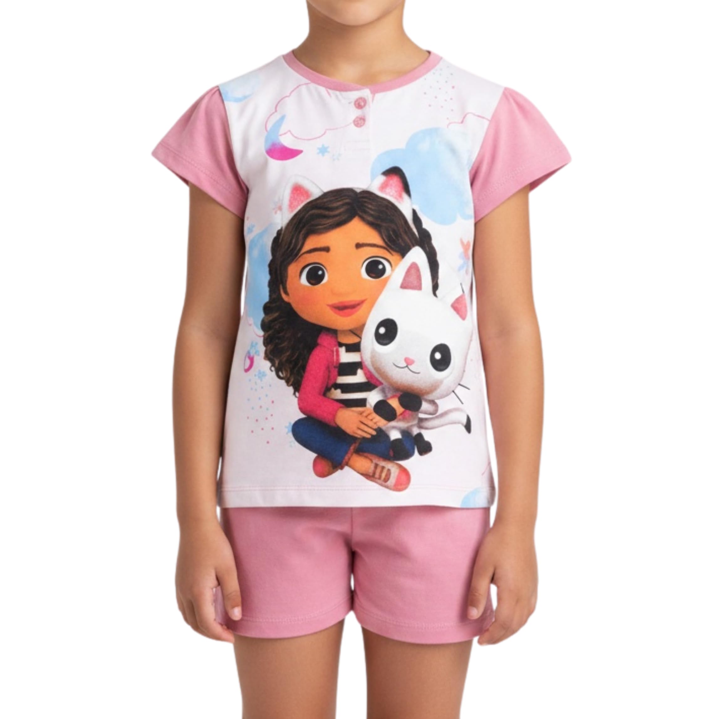 Gabby's Dollhouse Camiseta y Pantalón Corto para Niña, Pijama Conjunto 2 Piezas para Niñas, Incluye Caja de Regalo, Tallas 3 a 8 Años