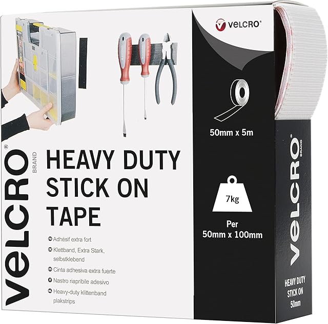 VELCRO brand VEL60244 White Stick, Hook and Loop Self Adhesive Strips Fastener Roll, Industrial Extra Strong Double Sided Tape Heavy Duty-for Home, Office, & Garage, 50mm x 5m