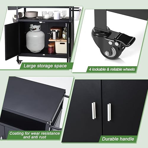 Vista 20 de Carrito de parrilla al aire libre con ruedas, mesa de soporte para horno de pizza de 3 estantes para exterior, patio, cocina, mesa móvil