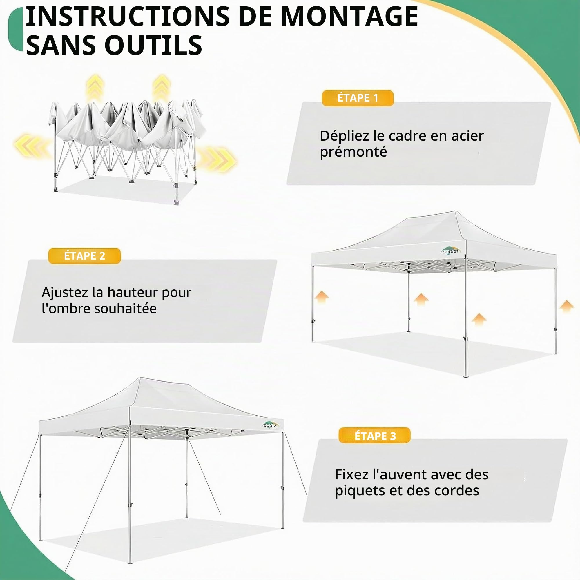 COBIZI Tonnelle Pliante 3x4.5 avec 4 Panneaux Latéraux, étanche, Stable, Pliable, Extérieur, Protection UV 50+, Blanc