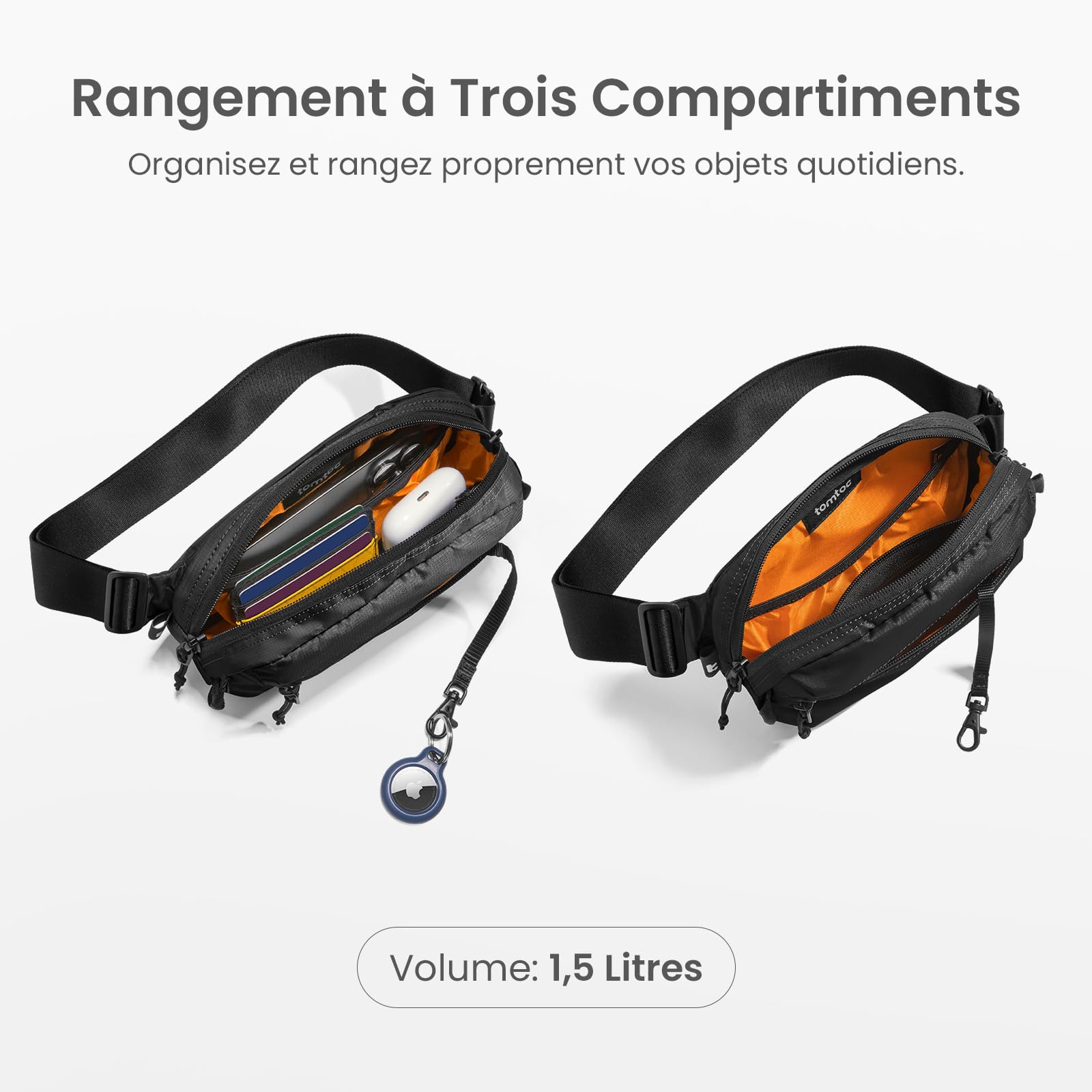 tomtoc 1,5L Sacoche Bandouliere avec Protection RFID, Sac Bandoulière Léger et Imperméable pour Hommes et Femmes, Petite Sacoche de Voyage Quotidien, Sac de Poitrine Sling Bag Noir