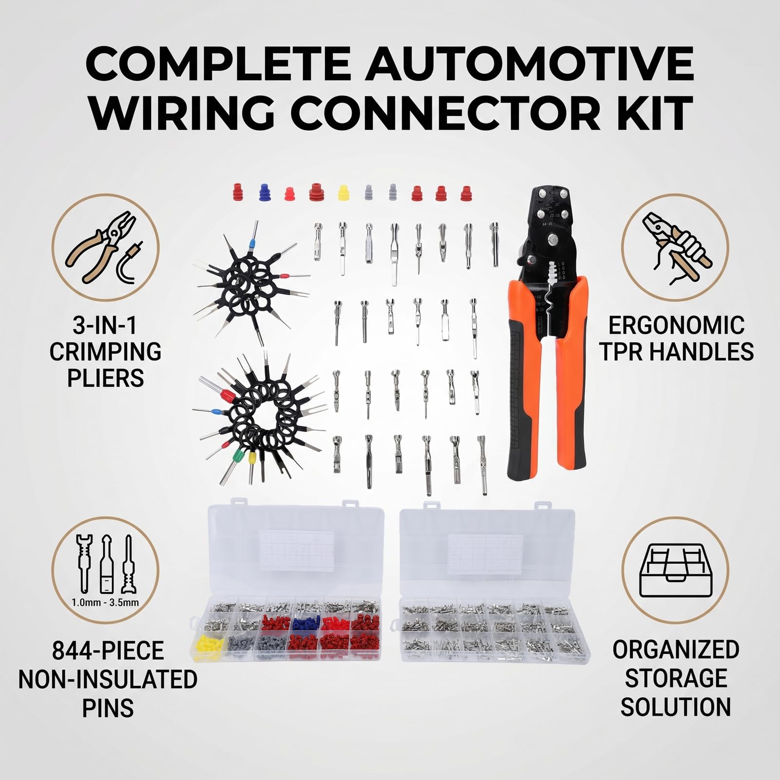 Tbest Kit de Broches de Connecteur Kit de Bornes à Sertir Connecteurs à Broches de Fil 844 Pièces 26 Type 10-24 AWG Outil de Dénudage de Sertissage avec 360 Fiches étanches à la Pluie
