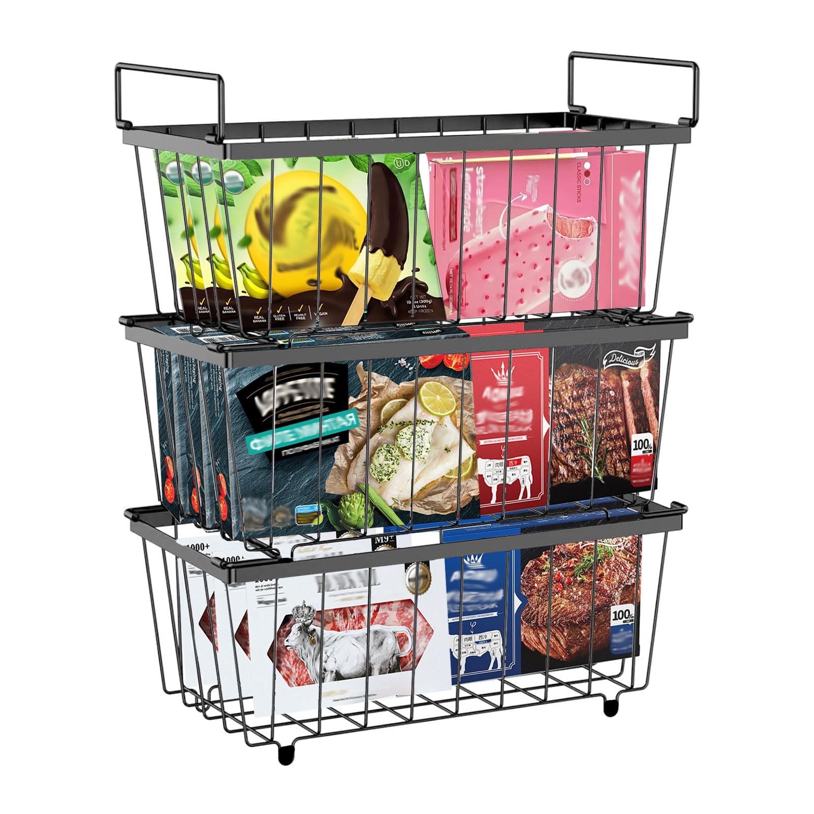 Qivine 3 Pezzi Organizer Per Congelatore Impilabile Cestini Per Congelatore Con Maniglia Pieghevole Acciaio Al Carbonio Per Congelatori da 5 e 7 Piedi Cubi 37,2×18,8×14cm