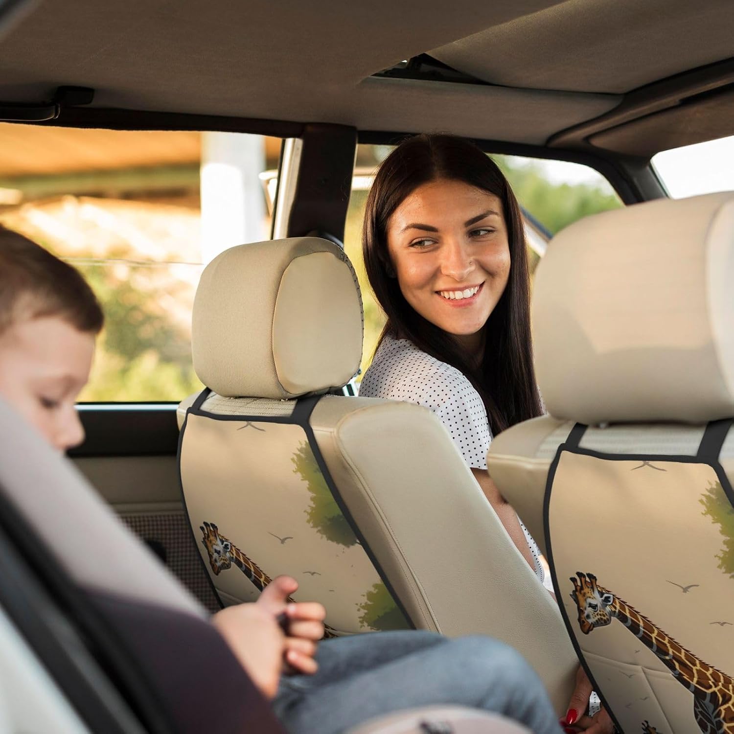Printed car seat Anti-Kick Storage pad 2 Pack, Durable and Easy to wash, Double-Piece seat Protection padMother and Child giraffeã€‚