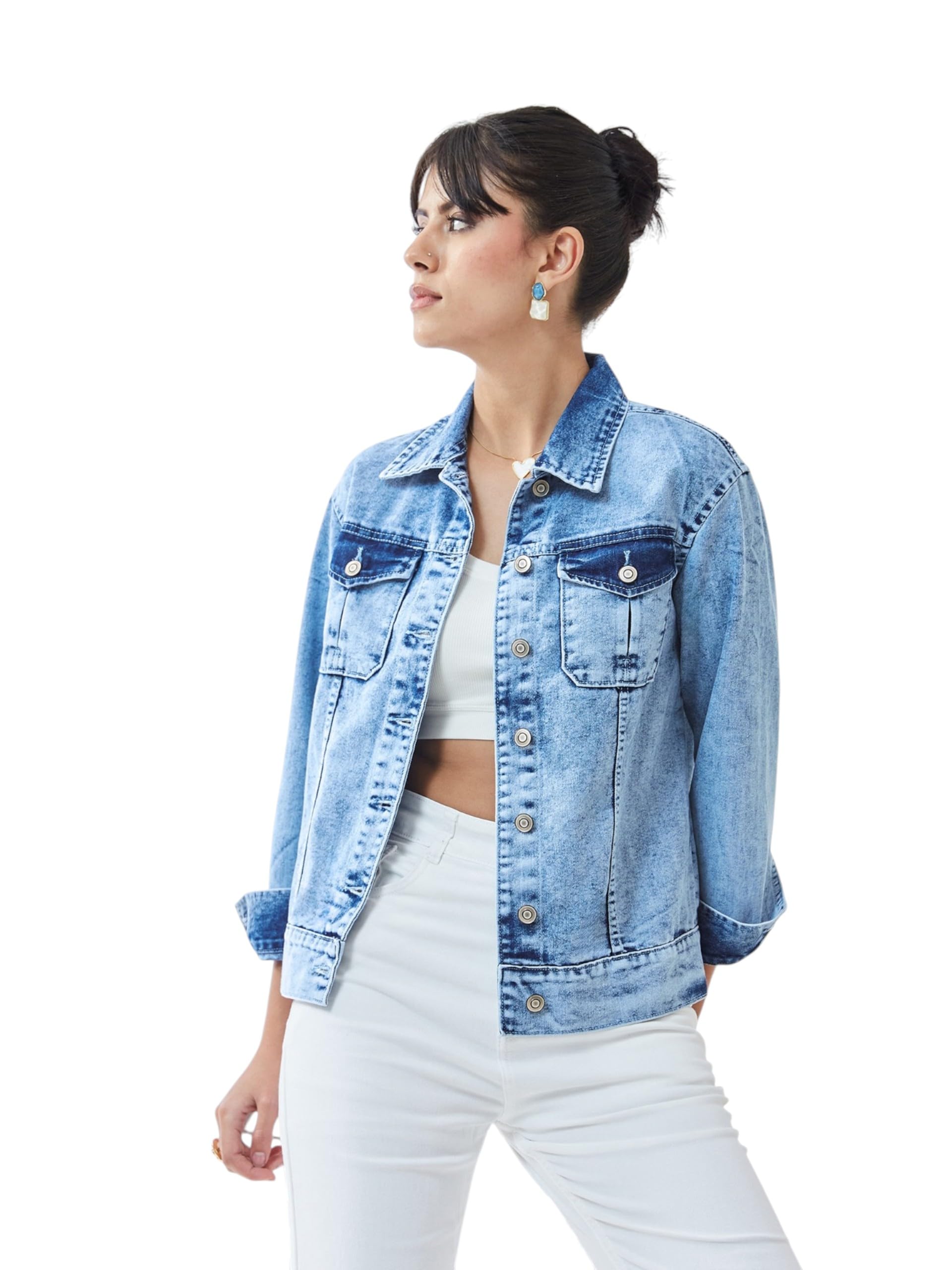 miss chase Women's Light Blue Collared Full Sleeves Solid Buttoned Denim Jacket-picture-19