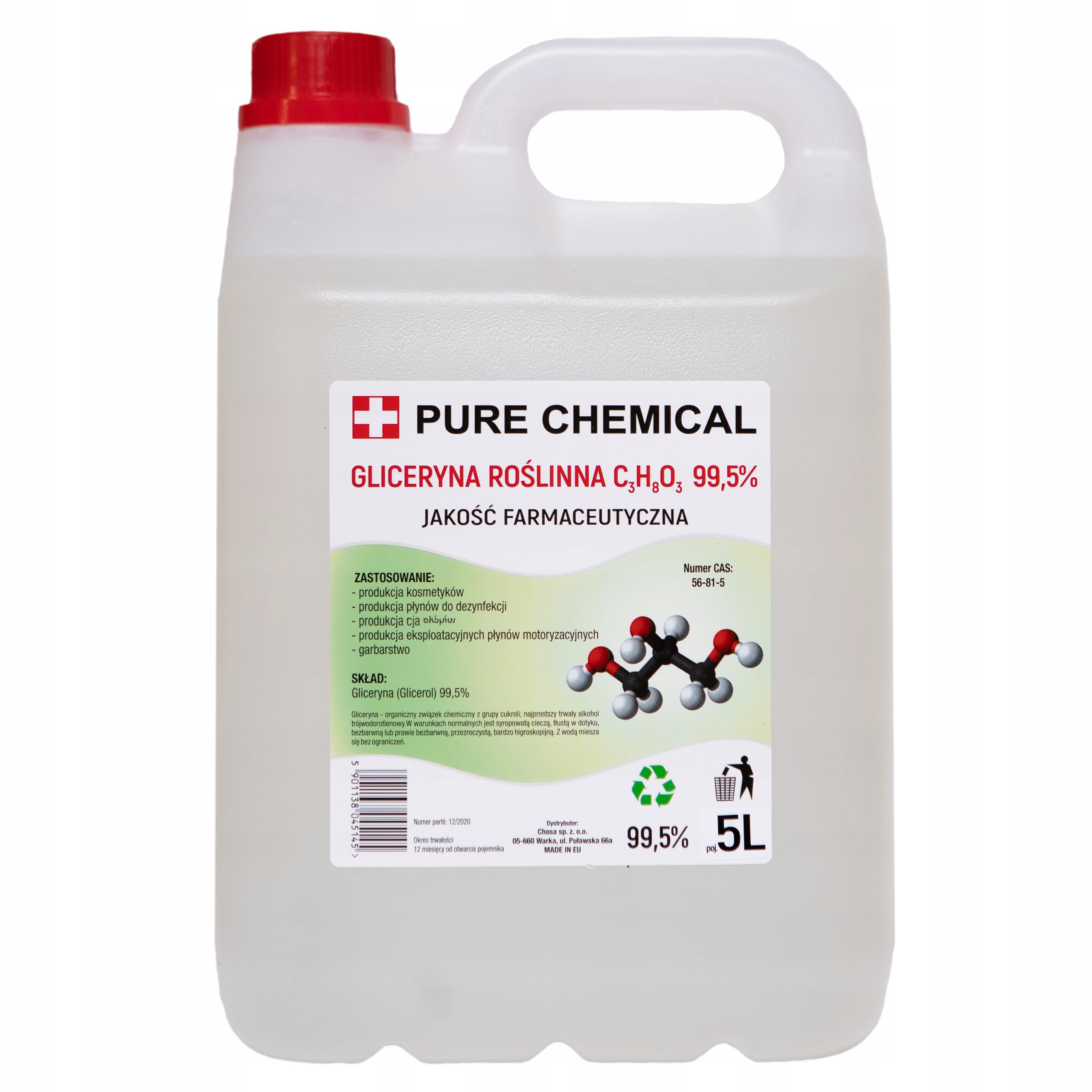 CHOSA Glicerina Vegetale 5 litri Glicerolo E422 VG 99,5% Puro Grado Farmaceutico per Capelli e Corpo