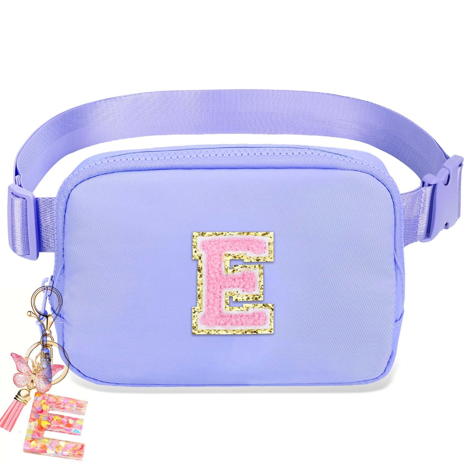 Fanny Pack for Kids Girls 10-12 - Small Waist Belt Bag with Initial Letter Patch and Extender Strap for Women Teen Girl Friends Mini Bum Hip Travel Purse Crossbody Belt Bag Lavender Purple E