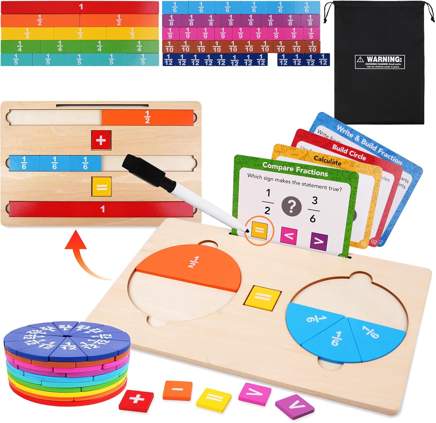 PINKPEACH Wooden Fraction Tiles & Circles Set, Math Manipulatives for Kids, Montessori Fraction Learning Kit for Homeschool & Elementary School Grades K-3