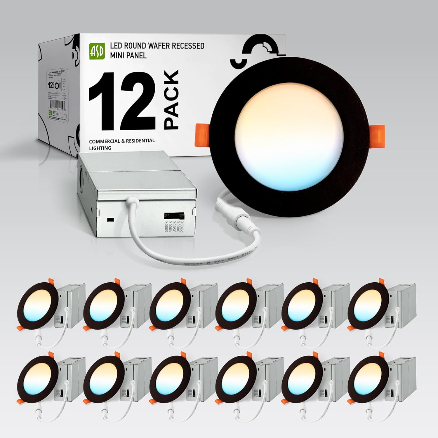 ASD 12 Pack LED Recessed Lighting 4 Inch 9W, 5 CCT 2700K-5000K CRI90+, IC Rated Ultra Thin Dimmable Ceiling Lights with J Box, Canless Wafer Downlight, Round Slim Panel Light, Energy Star ETL, Black